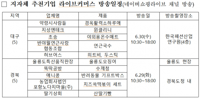 대구경북 추천기업 라이브커머스 방송일정. 대경중기청 제공