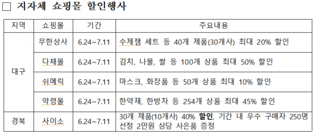 대구경북 동행세일 참여 쇼핑몰 할인행사 일정. 대경중기청 제공