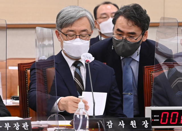 최재형 감사원장이 18일 서울 여의도 국회에서 열린 법제사법위원회 전체회의에서 관계자로부터 자료를 건네받고 있다. 연합뉴스