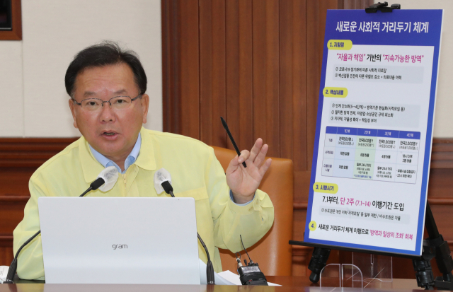 김부겸 국무총리가 20일 정부서울청사에서 열린 코로나19 대응 중앙재난안전대책본부(중대본) 회의에서 새로운 거리두기에 관해 설명하고 있다. 연합뉴스