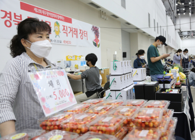 지난달 대구꽃박람회 행사장과 연계해 마련된 엑스코 대구경북 특산물직거래장터에서 지역 농민들이 생산한 농특산물들을 직접 판매하고 있다. 엑스코 제공