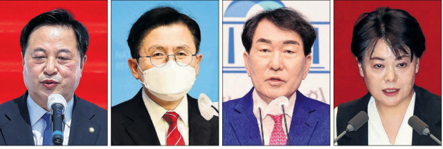 내년 대선에 나설 여야 대권주자들의 출마선언이 잇따르면서 정국이 대선 구도로 짜이고 있다. 김두관 더불어민주당 의원(왼쪽)이 1일 국회 본청 앞에서 대선 출마 선언을 한데 이어 국민의힘 소속 황교안 전 대표와 안상수 전 인천시장이 이날 대선출마를 공식 선언했다. 윤희숙 국민의힘 의원도 2일 출마선언을 할 예정이다. 연합뉴스