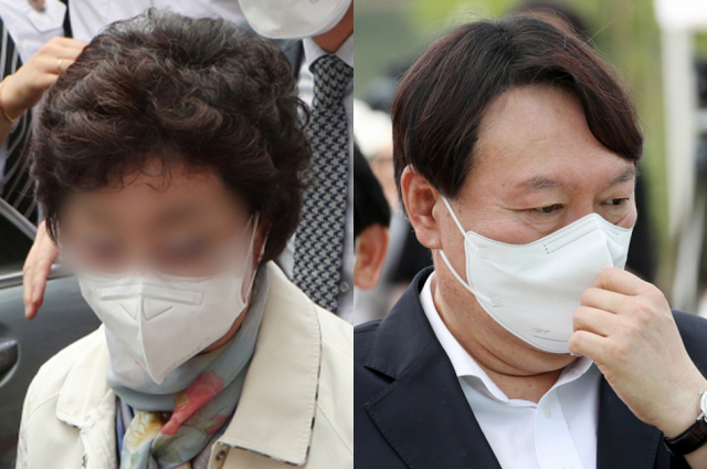 요양병원을 개설하고 요양급여를 편취한 혐의를 받는 윤석열 전 검찰총장의 장모 최모 씨가 2일 경기도 의정부시 가능동 의정부지방법원에서 열린 1심 선고공판에 출석하고 있다. 이날 법원은 최씨에 대해 징역 3년 실형을 선고하고 법정구속했다. 윤석열 전 검찰총장의 장모 최모 씨(왼쪽), 윤석열 전 검찰총장. 연합뉴스