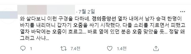 지하철 열차 내 소변테러 목격담. 트위터