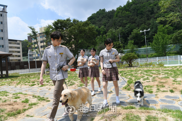 한국펫고등학교가 지난달 개관한 반려동물교육센터 펫누리공원에서 학생들이 애완견을 데리고 산책하고 있다. 경북도교육청 제공