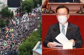 (왼쪽) 지난 3일 오후 종로3가에서 민주노총 조합원들이 노동법 전면 개정 등을 요구하며 도로를 점거한 채 전국노동자대회를 열고 있다. (오른쪽) 김부겸 국무총리가 14일 오후 서울 여의도 국회에서 열린 예산결산특별위원회 전체회의에서 인사말을 하고 있다. 연합뉴스