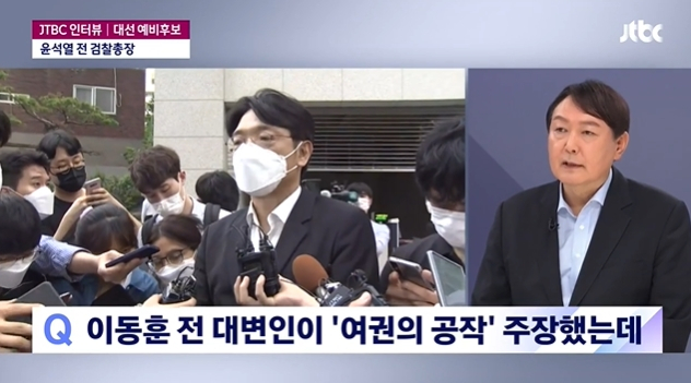 야권 대권 주자인 윤석열 전 검찰총장이 14일 JTBC 간판 뉴스 프로그램인 