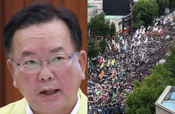 (왼쪽) 김부겸 국무총리가 지난 7월 14일 정부서울청사에서 열린 코로나19 대응 중앙재난안전대책본부(중대본) 회의를 주재하며 발언하고 있다. (오른쪽) 지난 지난 7월 3일 오후 종로3가에서 민주노총 조합원들이 노동법 전면 개정 등을 요구하며 도로를 점거한 채 전국노동자대회를 열고 있다. 연합뉴스