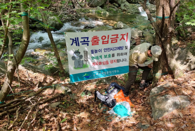 소백산국립공원사무소 직원이 계곡 출입금지 표지를 설치하고 있다. 국립공원 제공