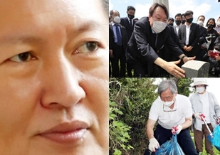 (왼쪽) 정청래 더불어민주당 국회의원. 정청래 의원 페이스북 (오른쪽 위)대선 예비후보인 윤석열 전 검찰총장이 17일 오전 광주 북구 국립 5·18민주묘지에서 열사 묘역을 참배하고 있다. (오른쪽 아래)최재형 전 감사원장 부부가 17일 오전 부산 해운대구 석대사거리 동천교 인근에서 환경미화 봉사활동을 하고 있다. 연합뉴스