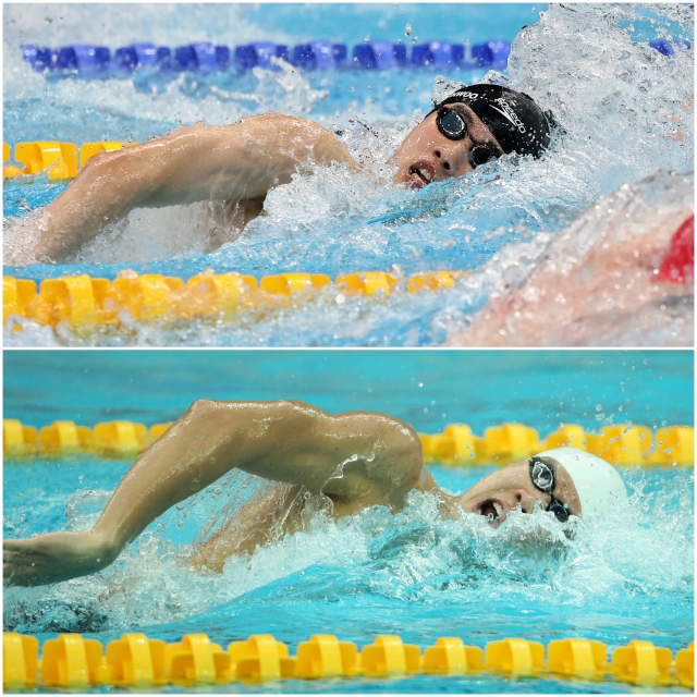 26일 일본 도쿄 아쿠아틱스 센터에서 열린 남자 자유형 200m 준결승에 출전한 한국 황선우가 물살을 가르고 있다. 아래 사진은 2008년 베이징올림픽에 출전한 박태환이 국가아쿠아틱센터(워터큐브)에서 열린 수영 남자 자유형 200m 결승전에서 레이스를 펼치는 모습. 연합뉴스