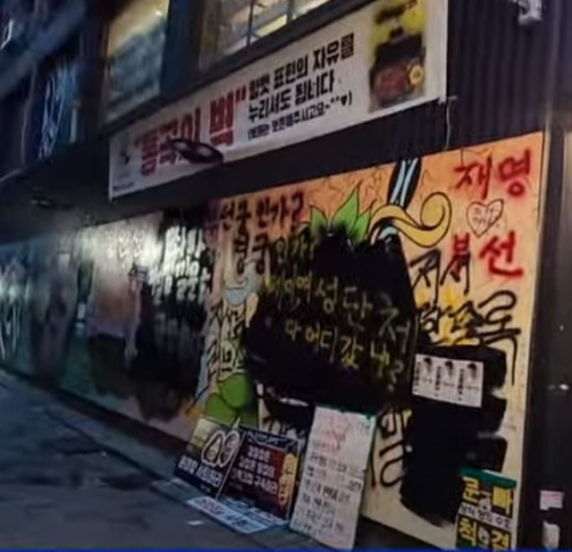 31일 서울 종로구 관철동의 한 중고서점 앞에 그려진 쥴리벽화를 한 유튜버가 검정색으로 덧칠했다. 연합뉴스
