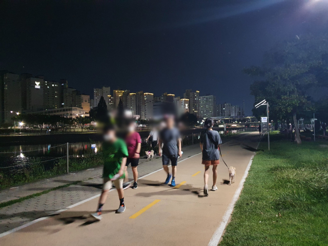 3일 오후 8시쯤 대구 신천 강변 산책로에 반려견을 동반한 시민들이 산책을 하고 있다. 배주현 기자