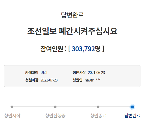 조선일보 폐간을 요청한 청와대 국민청원. 청와대 국민청원 게시판 캡처