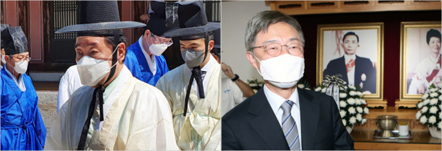 이낙연 더불어민주당 대선 경선 후보가 6일 경북 안동 도산서원을 방문해 의관을 갖추고 퇴계 선생 등을 배향한 상덕사에서 알묘에 참석하고 있다. 김영진 기자 (사진 왼쪽). 국민의힘 대권 주자인 최재형 전 감사원장이 6일 경북 구미시 상모동에 있는 박정희 전 대통령의 생가를 찾아 헌화 후 나오고 있다. 연합뉴스