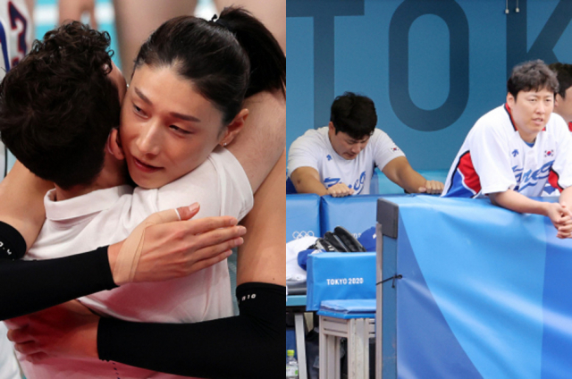 왼쪽 사진은 김연경이 8일 일본 도쿄 아리아케 아레나에서 도쿄올림픽 여자배구 세르비아와의 동메달 결정전 후 코치와 포옹하고 있는 모습. 한국은 0-3으로 패했다. 오른쪽 사진은 지난 7일 일본 요코하마 스타디움에서 열린 도쿄올림픽 야구 도미니카공화국과의 동메달 결정전 모습. 오승환이 9회말 6대10으로 패배가 확실시되자 더그아웃에서 고개를 숙이고 있다. 연합뉴스