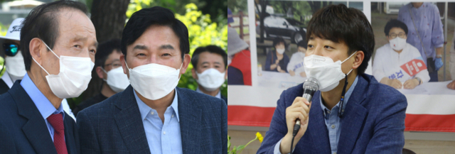 국민의힘 대권주자인 원희룡 제주지사(오른쪽)와 장기표 예비후보가 10일 청와대 분수대 광장에서 열린 비상시국국민회의 창립대회에서 대화하고 있다.(사진 왼쪽), 국민의힘 이준석 대표가 9일 오후 경북 상주당원협의회 사무실에서 열린 상주·문경 주요당직자 간담회에서 발언하고 있다. 연합뉴스