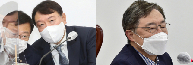 국민의힘 윤석열(왼쪽) 대선 예비후보가 11일 오전 서울 여의도 국회에서 열린 