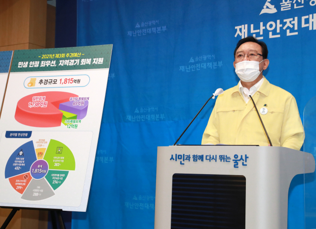 송철호 울산시장이 24일 오전 울산시청 프레스센터에서 기자회견을 열고 2021년도 제3회 추경예산 편성을 발표하고 있다. 연합뉴스