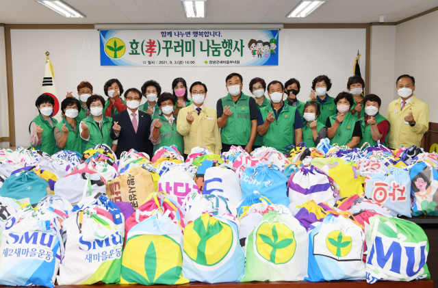 창녕군새마을협의회가 효 꾸러미 나눔 전달식을 갖고 기념촬영을 했다. 창녕군 제공