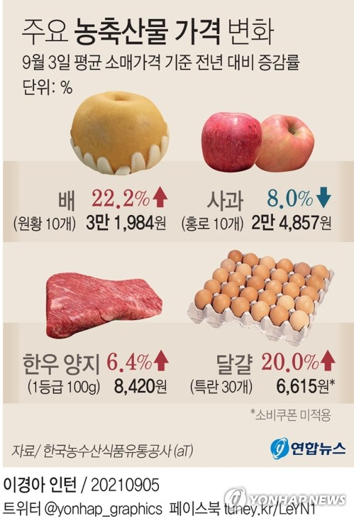 배, 한우 양지 등 주요 농축산물 가격 변화. 연합뉴스