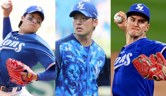 삼성 투수 원태인(맨 왼쪽), 백정현, 뷰캐넌 順.