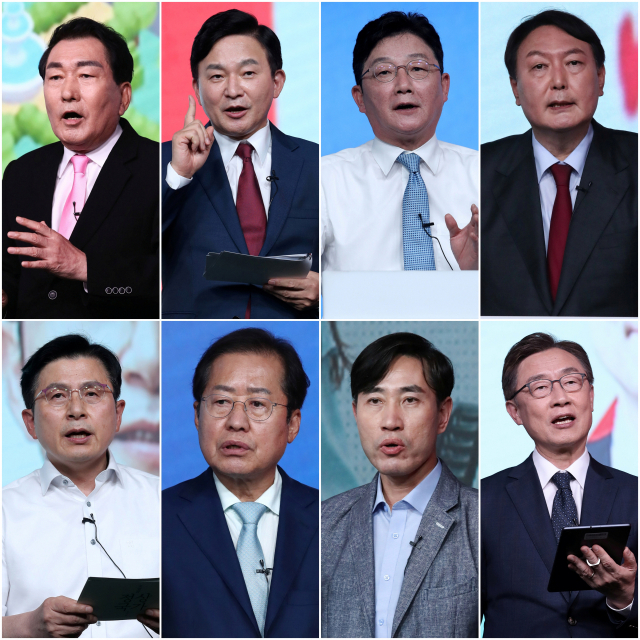 15일 국민의힘 1차 예비경선(컷오프)을 통과한 안상수 원희룡 유승민 윤석열 최재형 하태경 홍준표 황교안 후보.(왼쪽 상단부터 시계방향. 가나다 순) 국민의힘은 다음달 8일 2차 예비경선에서 4명으로 후보를 압축한 뒤 11월5일 최종 후보자를 확정한다. 연합뉴스
