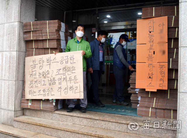 경산시 자인면에서 복숭아 농사를 짓는 한 농민(조합원)이 지난 9월 17일 자인농협 앞에서 골판지 상자 수백 개를 쌓아 놓고 불량 상자 반품 요구를 하며 1인 시위를 하고 있다. 매일신문DB