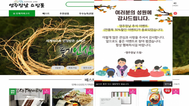 영주장날 홈페이지 추석 할인행사 종료 팝업. 영주시 제공