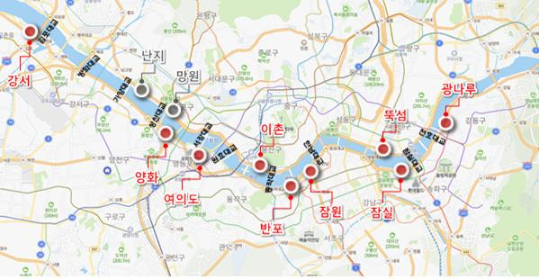 2021년 한강공원 주차장 출구차로 증설 대상지(9개 한강공원 12개소). 서울시 제공