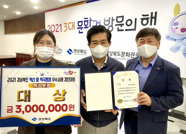 김성조(가운데) 경상북도문화관광공사 사장과 직원들이 2021 경상북도 혁신 및 적극행정 우수사례 경진대회에서 대상을 받은 뒤 기념촬영을 하고 있다. 경상북도문화관광공사 제공
