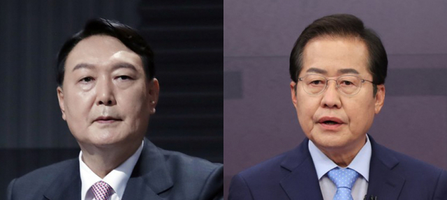 윤석열(왼쪽) 국민의힘 대선 후보와 홍준표 국민의힘 의원. 연합뉴스
