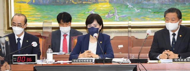 전현희 국민권익위원장이 12일 오전 서울 여의도 국회에서 열린 국회 정무위원회의 국민권익위원회, 국가보훈처 등에 대한 2021년도 국정감사에서 의원 질의에 답변하고 있다. 연합뉴스