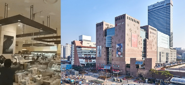 지난 12일 신세계백화점 강남점 식품관 천장에서 물이 새어 흘러 손님이 대피하는 소동이 발생했다. 14일 SNS에 퍼진 물난리 모습(왼쪽)과 신세계백화점 강남점 모습(오른쪽). 온라인 커뮤니티 갈무리