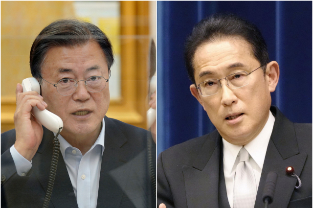 문재인 대통령(왼쪽사진)이 15일 오후 청와대에서 기시다 후미오 일본 총리(오른쪽 사진)와 정상 통화를 하고 있다. 연합뉴스