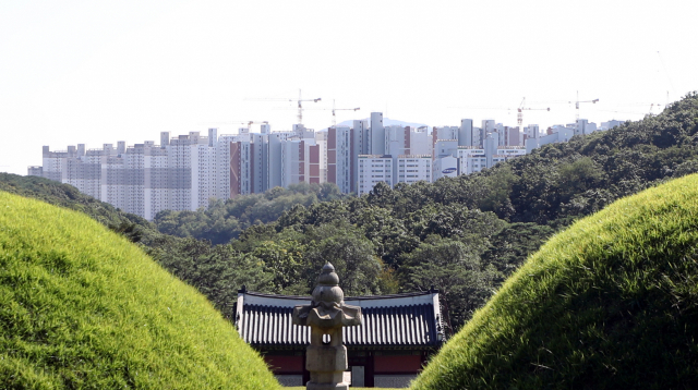 경기도 김포시 풍무동 장릉에 있는 무덤 사이로 인천 서구 검단신도시 신축 아파트 건설 현장이 보인다. 문화재청은 이들 아파트 단지 3곳의 건설사가 문화재 반경 500ｍ 안에서 공사를 진행해 문화재보호법을 위반했다며 공사 중단 명령을 내렸다. 이에 따라 이날부터 아파트 단지 2곳의 공사는 중단됐지만, 나머지 1곳은 집행 정지 가처분 신청이 인용되면서 공사가 계속되고 있다. 사적 202호이자 유네스코 세계문화유산으로 등재된 김포 장릉은 조선 선조의 5번째 아들이자 인조의 아버지인 원종(1580∼1619)과 부인 인헌왕후(1578∼1626)의 무덤이다. 연합뉴스