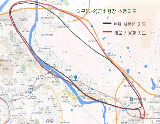 비행공해대책위원회(위원장 양승대)가 추정하고 있는 대구 군공항 소음피해 지역의 모습이다. 국방부의 의뢰를 받은 외부 전문기관이 지난해와 올해 측정한 소음영향도 측정값을 추정해 만들었다. 2013년 처음 마련된 소음지도(검은색)보다 다소 넓어진 모습(빨간색)이긴 하지만 대책위는 산과 강을 제외하면 2013년과 큰 차이가 나지 않는다고 강조했다. 비행공해대책위원회 제공