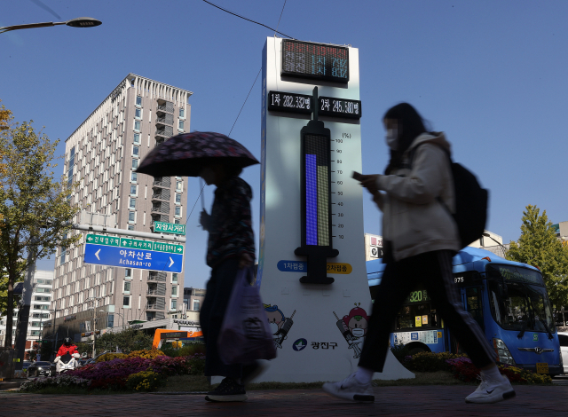 국내 신종 코로나바이러스 감염증(코로나19) 백신 접종 완료율이 70%를 넘어선 가운데 24일 오후 서울 시내에 설치된 백신 온도탑에 1차와 2차 접종 완료율이 표시돼 있다. 전날 오후 2시 접종 완료율 70%를 돌파했으며, 이날 0시 기준 우리나라 인구(작년 12월 기준 5천134만9천116명) 대비 접종 완료율은 70.1%로 집계됐다. 연합뉴스