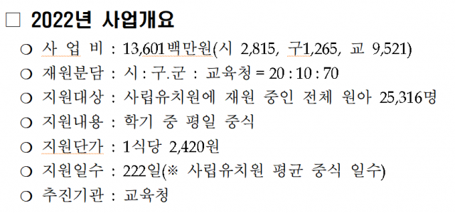 유치원 급식비 지원 사업 개요 (대구시 제공)