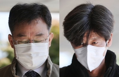 대장동 개발 로비·특혜 의혹 관련 화천대유 대주주 김만배 씨(왼쪽)와 남욱 변호사가 28일 오후 서울 서초구 서울중앙지검에 소환돼 출석하고 있다. 연합뉴스