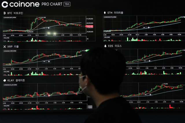 올해 국내 가상화폐 거래규모가 우리나라 국내총생산(GDP)의 약 5배에 달할 것이라는 전망이 나왔다. 사진은 서울 용산구 코인원 고객센터 가상화폐 시세 현황판. 연합뉴스