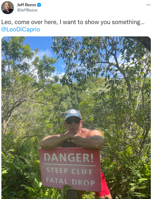 8일(현지시각) 트위터를 통해 영화 배우 레오나르도 디카프리오에게 경고를 날린 아마존 창업자 제프 베이조스. 사진 트위터 JeffBezos 캡처