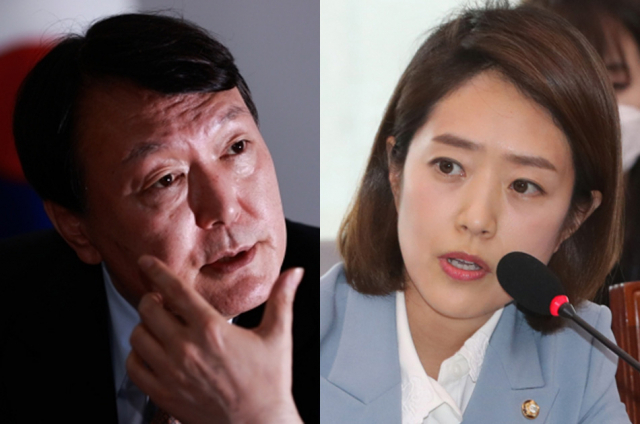 윤석열 국민의힘 대선 후보, 고민정 더불어민주당 의원. 연합뉴스