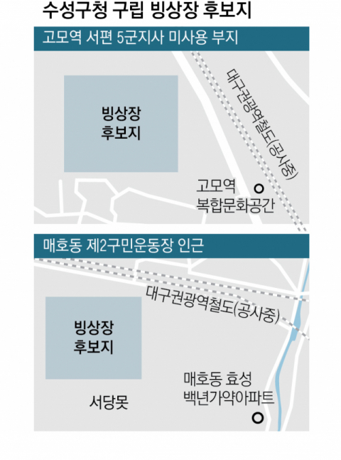 대구 수성구청이 건립하려는 구립 빙상장 후보지. 위는 고모역 서편 5군지사 미사용 부지, 아래는 매호동 제2구민운동장 인근.