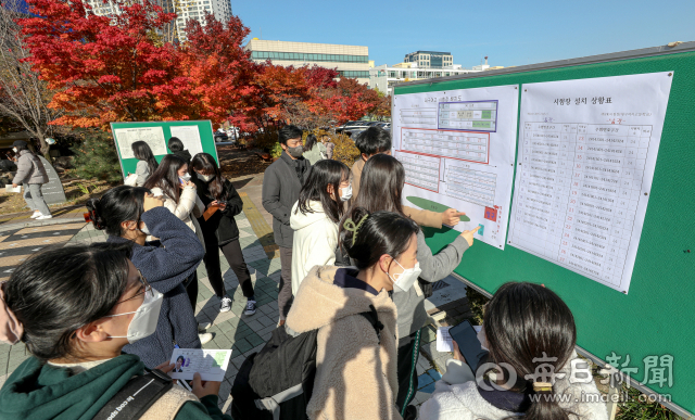 2022학년도 대학수학능력시험 예비소집일인 17일 오후 대구여자고등학교에서 수험생들이 고사장을 확인하고 있다. 안성완 기자 asw0727@imaeil.com