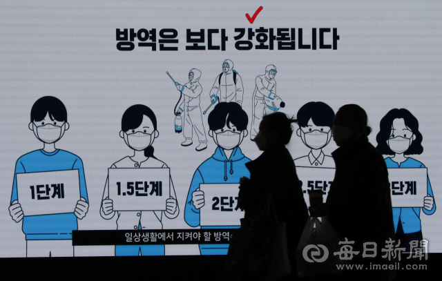4주간의 특별방역대책 시행을 하루 앞둔 30일 동대구역 대합실 전광판에 보건복지부의 방역 체계 개편 안내 게시물이 나타나고 있다. 정부는 전날 전국 코로나19 위험도를 