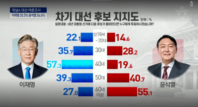 채널A는 1일 차기 대선 후보 지지, 후보 및 배우자 호감도 여론조사 결과를 발표했다. 채널A