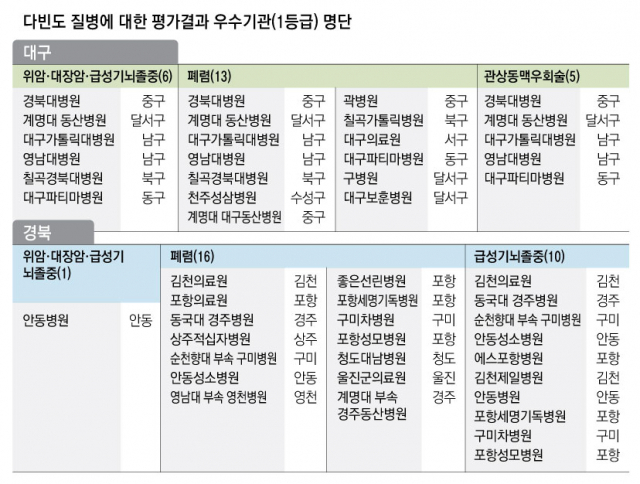 다빈도 질병에 대한 평가결과 우수기관(1등급) 명단.
