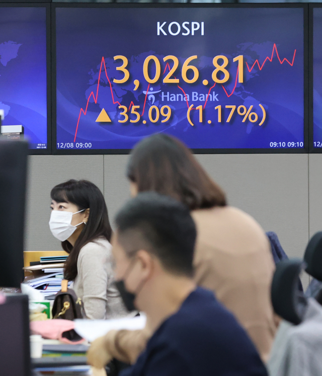 코스피가 오름세로 출발해 3,000선을 회복한 8일 오전 서울 중구 하나은행 딜링룸에서 딜러들이 대화하고 있다. 코스닥도 상승 출발. 연합뉴스
