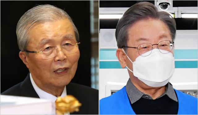 국민의힘 김종인 총괄선대위원장(사진 왼쪽), 이재명 더불어민주당 대선 후보.연합뉴스